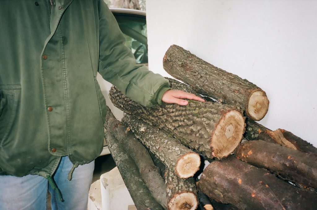 Bahaa with logs Shot with a Yashica T5 on Kodak Portra 400, 35mm © Thalia Bassim