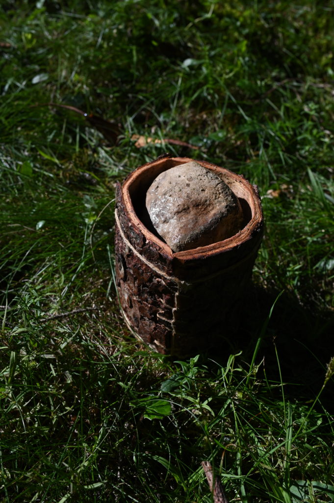 Capturing microbiomes, Somalgors74, Tschlin, Switzerland, 2020;  landmarks created in the form of tree bark barrels filled with butter and then aged in the ground at an altitude of 2000 metres. Photo © Philipp Kolmann