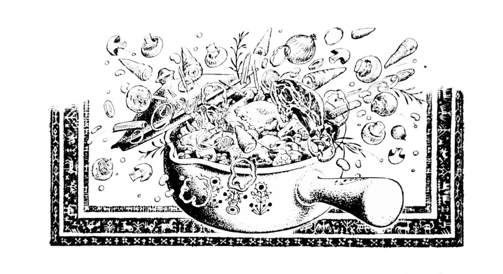 Illustration by Pauline Baynes from Katie Stewart's "The Times Cookery Book" (Glasgow: William Collins Sons and Co, 1972).