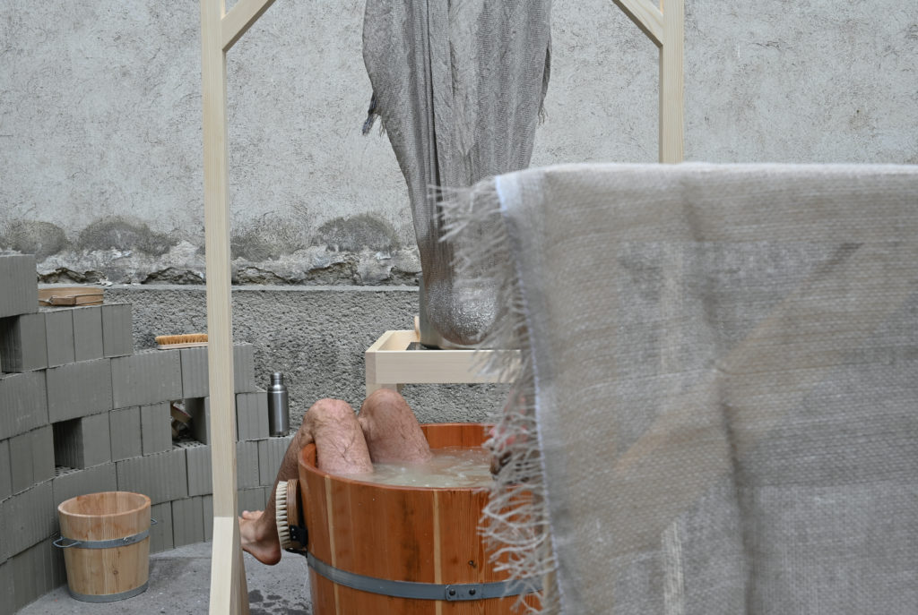 Kitchen bath project by Philipp Kolmann and Anastasia Eggers, Vienna Design Week 2020. Bathing in whey after the cheese has been made. 