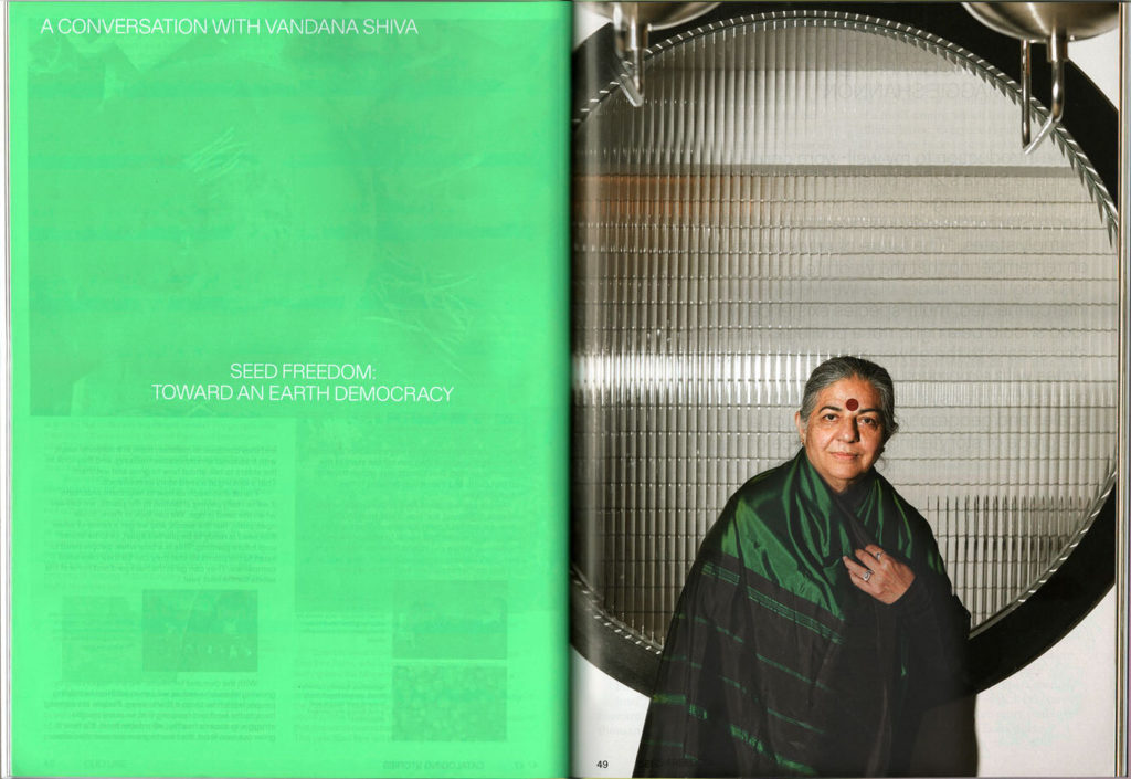 Spread from "Seed Freedom: Toward an Earth Democracy" interview with Vandana Shiva by LinYee Yuan, photography by Maggie Shannon in MOLD issue 05: Seeds.