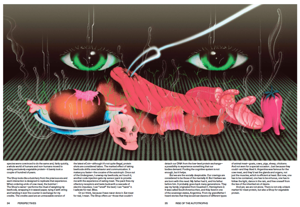 Spread from "And the Photosynthesis Kicked In" by David Cuartielles, art by Ram Han in MOLD issue 04: Designing for the Senses.