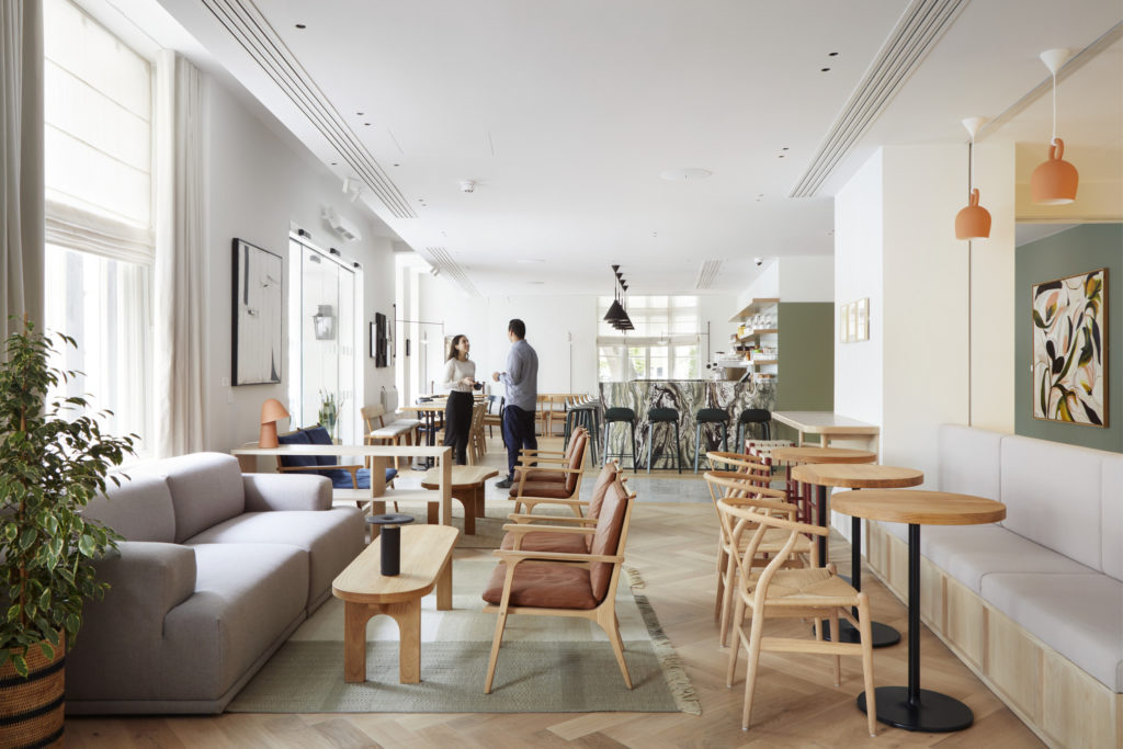 The Inhabit Hotel (architects: Holland Harvey, 2022) promises a commitment to environmental initiatives and meaningful community partnerships, pledging to work with 100 social enterprises and small, socially-conscious businesses, including an extension of their furniture range collaboration with Goldfinger. Photo © Jack Hobhouse, courtesy Holland Harvey.