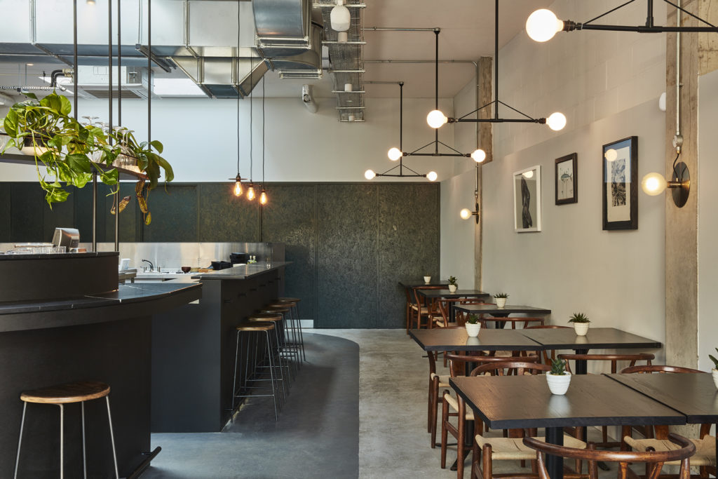 Cornerstone restaurant (Holland Harvey 2022) in Hackney is a solo venture from chef Tom Brown. The restaurant has been designed to connect the chef and his Cornish heritage with the industrial history of London’s East End. Photo © Ed Reeve, courtesy Holland Harvey.