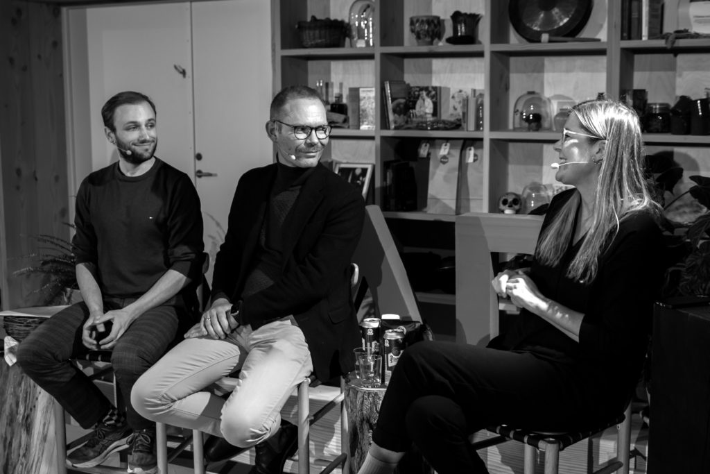 Panelists (from left to right) Michel Scholte, co-founder of the Impact Institute; Jeff Salter, CCO Coop Discount365 and Hafdis Sunna Hermansdottir, CEO and co-founder of Dagens at the MAD Foundation panel talk "This Bite Will Cost You" in Copenhagen. Photo © Emily Smith, courtesy MAD Foundation.