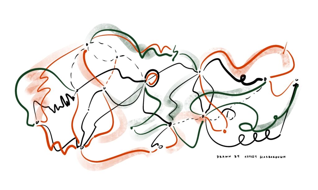 A hand-drawn abstracted illustration entitled "How Does the World Work?" by Ashley Scarborough.