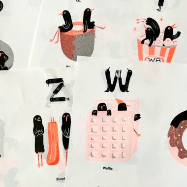 Page spreads of a riso-printed alphabet book withh illustrations by Curly Mads before binding.