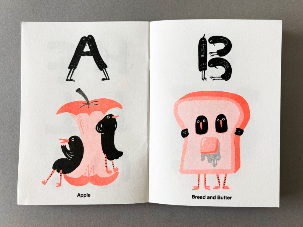 Page spread of a riso-printed alphabet book by Curly Mads showing illustrations for the letters A and B.
