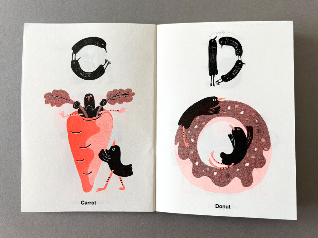 Page spread of a riso-printed alphabet book by Curly Mads showing illustrations for the letters C and D.