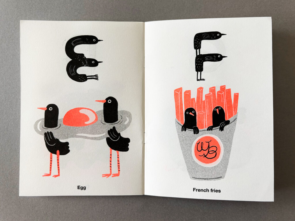 Page spread of a riso-printed alphabet book by Curly Mads showing illustrations for the letters E and F.