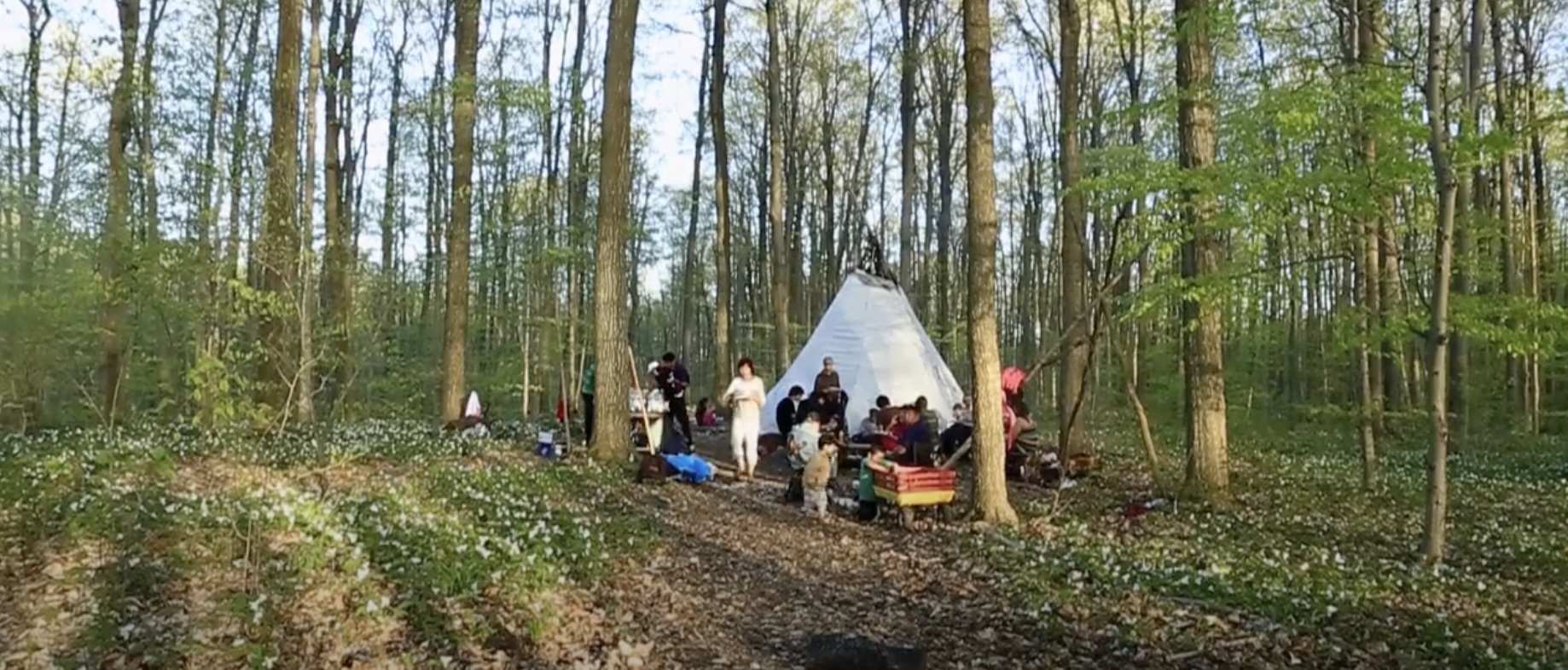 still from the documentary The Edible Indian by Cass Gardiner showing a Native American family sharing a meal in a forest