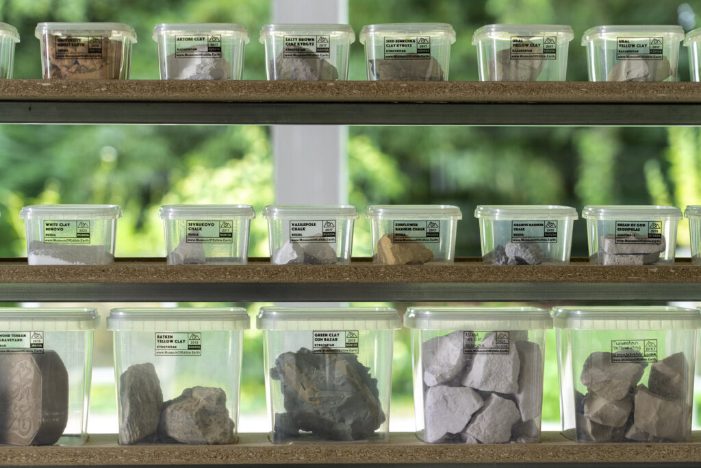 a photo of labelled plastic containers containing edible rocks on shelves in front of a window with trees behind.