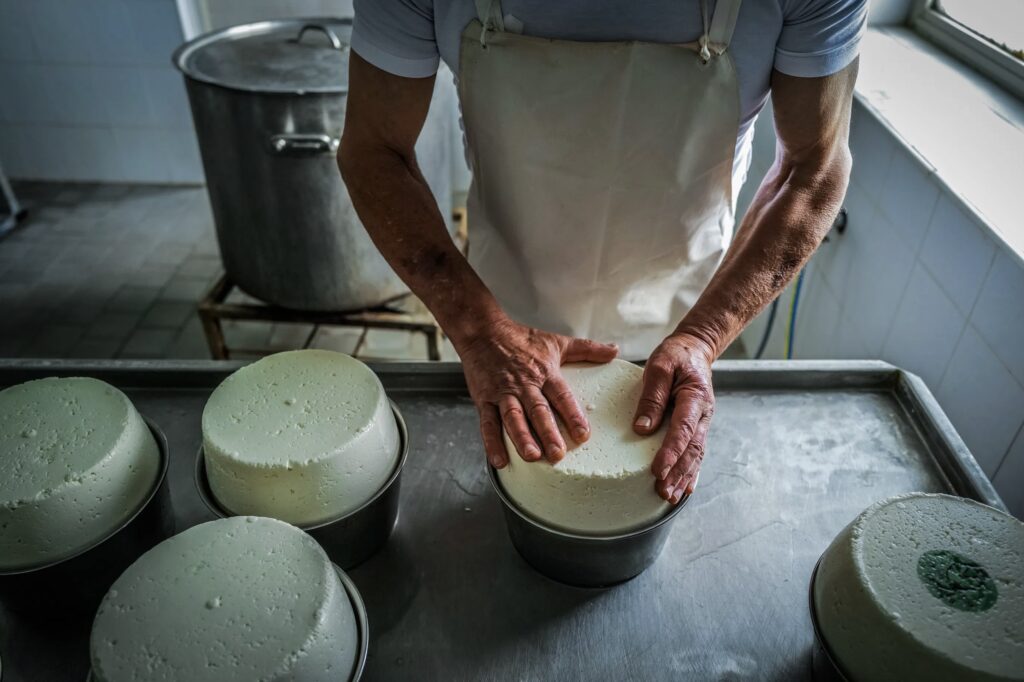 Man making local artisanal cheese in Sardinia