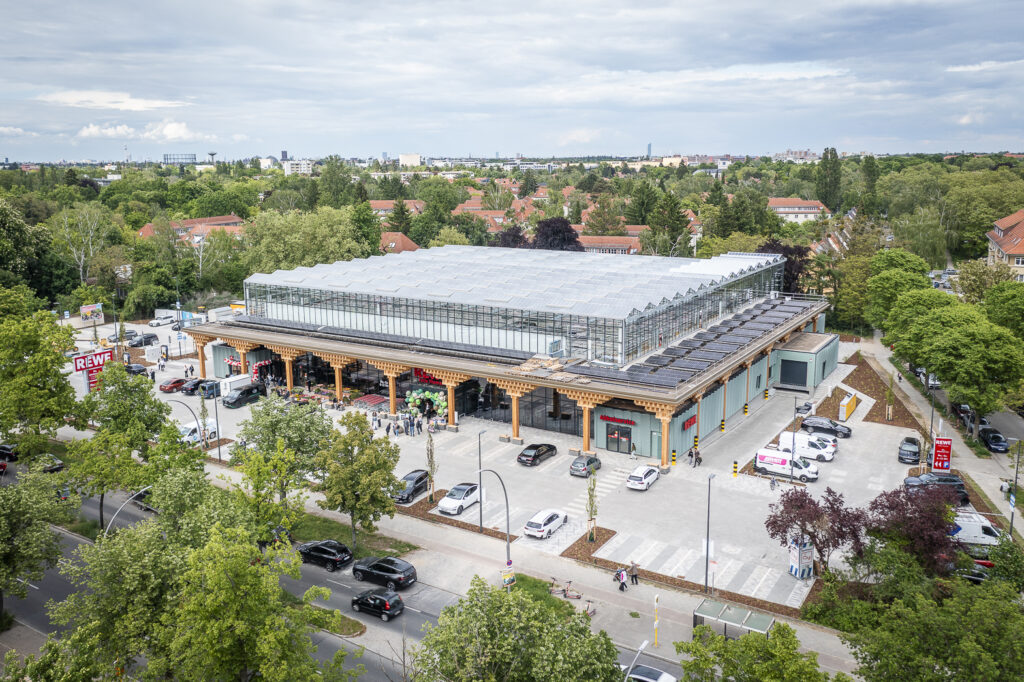 aerial view of Rewe "green farming" supermarket in Berlin Lankwitz, Germany