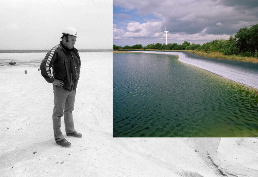 Collage of archival image of Gipsön island during its construction in the 1970s over a contemporary photograph of the water decontamination pool that sits at the heart of the island. Image © and courtesy of Crystal Bennes