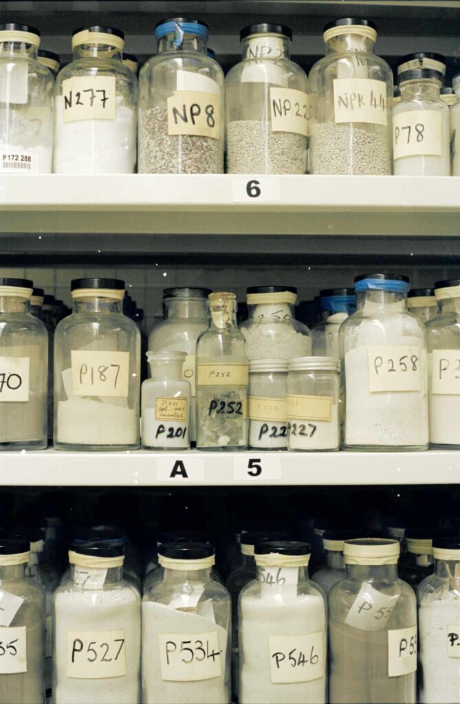 Samples of different types of artificial fertiliser in the materials archives at Rothamstead Experimental Station. Image © and courtesy of Crystal Bennes