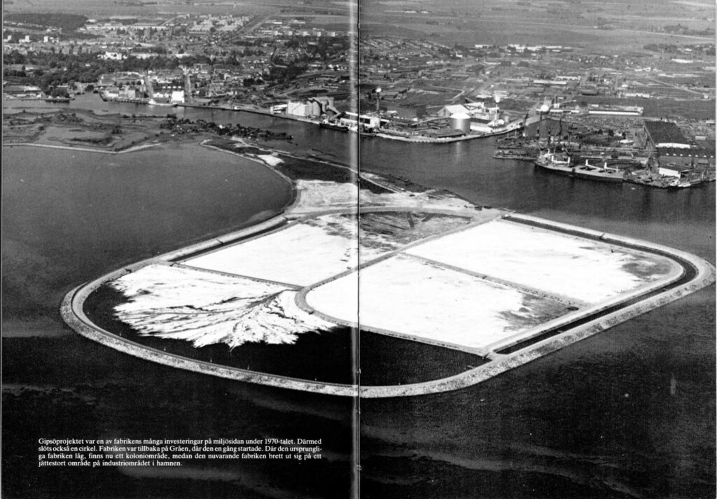 Aerial photograph of Gipsön Island under construction in the 1970s. The island is entirely artificial, created from the radioactive waste byproduct from phosphate fertiliser production. Crystal Bennes